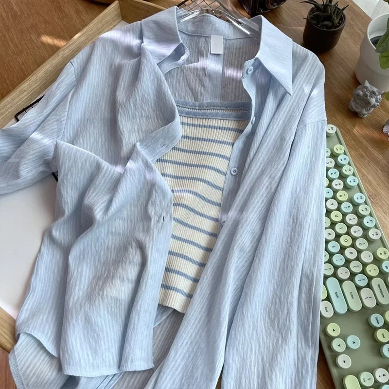 Brownm Brownm Collar Long-Sleeved Open Shirt With Thin Sunscreen Women 2025 Spring And Summer New Loose Blue Shirt Coat