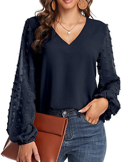 Women's Stitching Polka Dot Solid Color V-Neck Long Sleeve Top