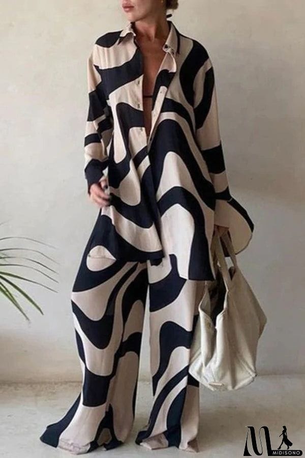 MidiSono - Fashion Print Loose Long Sleeve Shirt + Straight Pants Two Piece Set