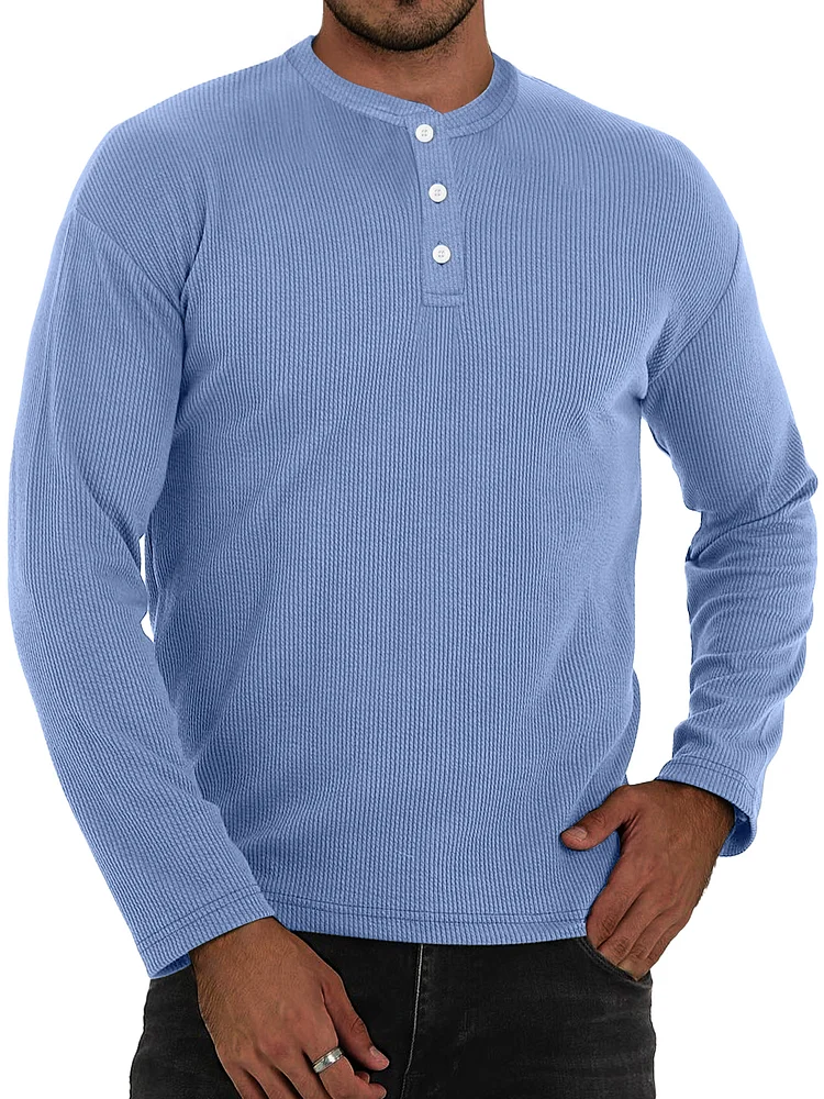 Men's Casual Pit Striped Solid Color Long-sleeved Henley Shirt