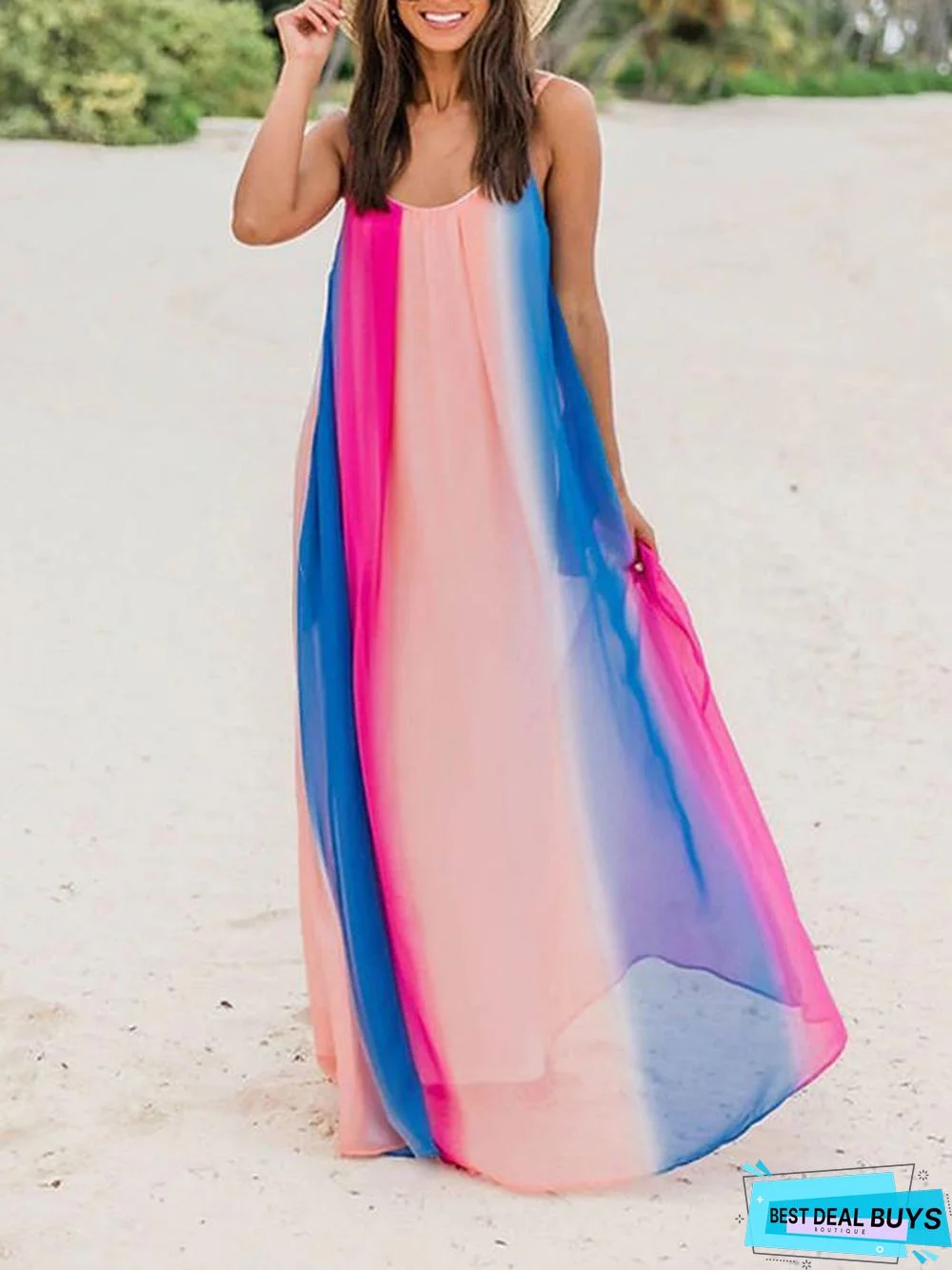 Women's Strap Dress Maxi Long Dress Sleeveless Rainbow Summer Elegant Rainbow