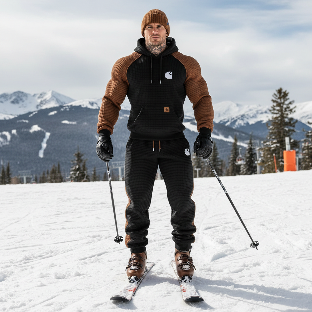 Men's Vintage Black Brown Waffle Quilted Plaid Pocket Hoodie And Sweatpants Jogger Set