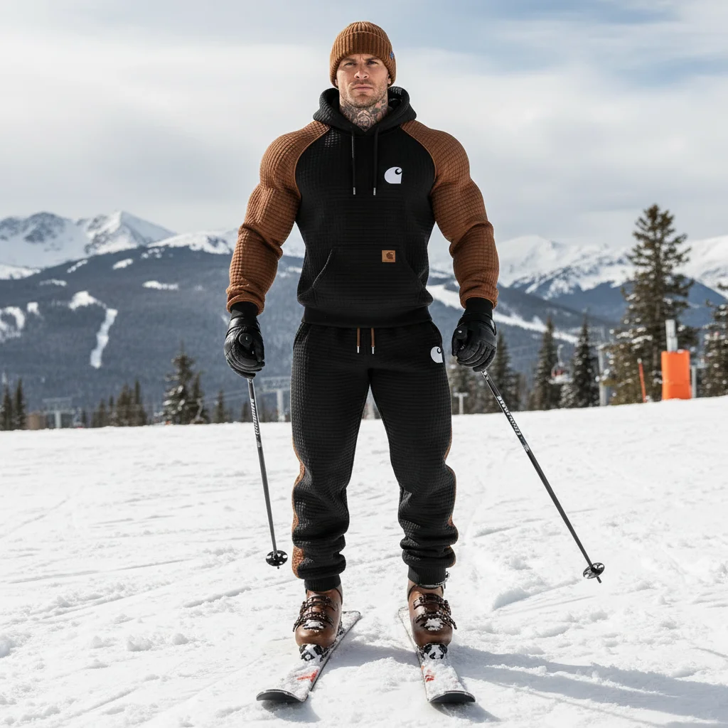 Men's Vintage Black Brown Waffle Quilted Plaid Pocket Hoodie And Sweatpants Jogger Set