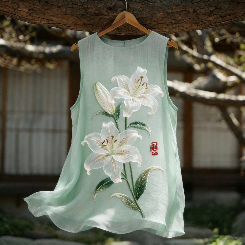 Classy White Lily Flowers Flowy Linen Tank Top wearshes