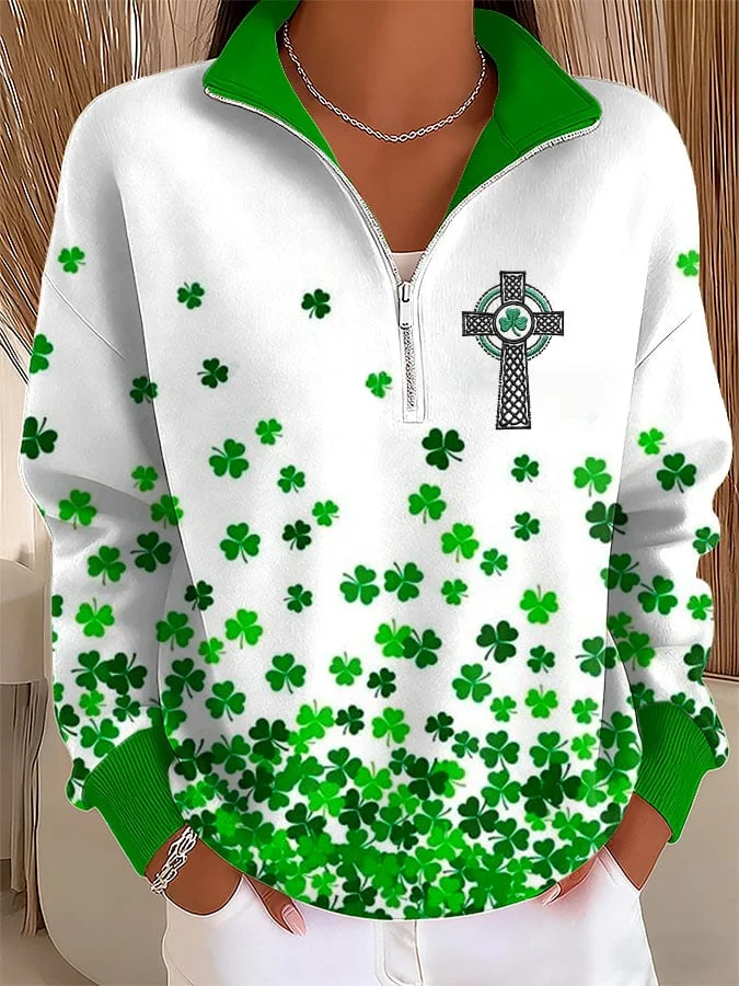 Women's St. Patrick's Day Print Zip-Up Sweatshirt 