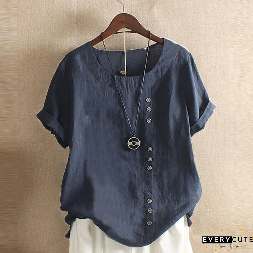 Women's Summer Retro Solid Color Casual Loose Cotton Linen Short Sleeve T-Shirt