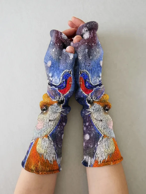 Fox print vintage knit fingerless gloves