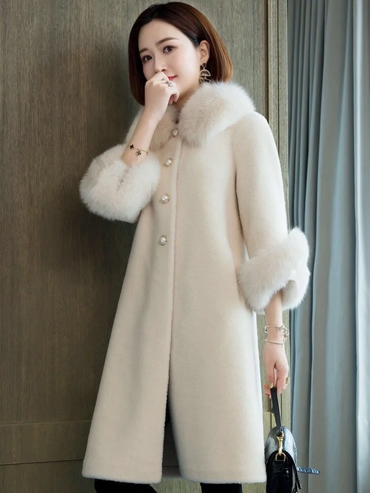 2021 Autumn And Winter Leisure Sheep Shearing Coat Women's Medium And Long Imitation Fox Fur Collar Loose Granular Fur Imitation