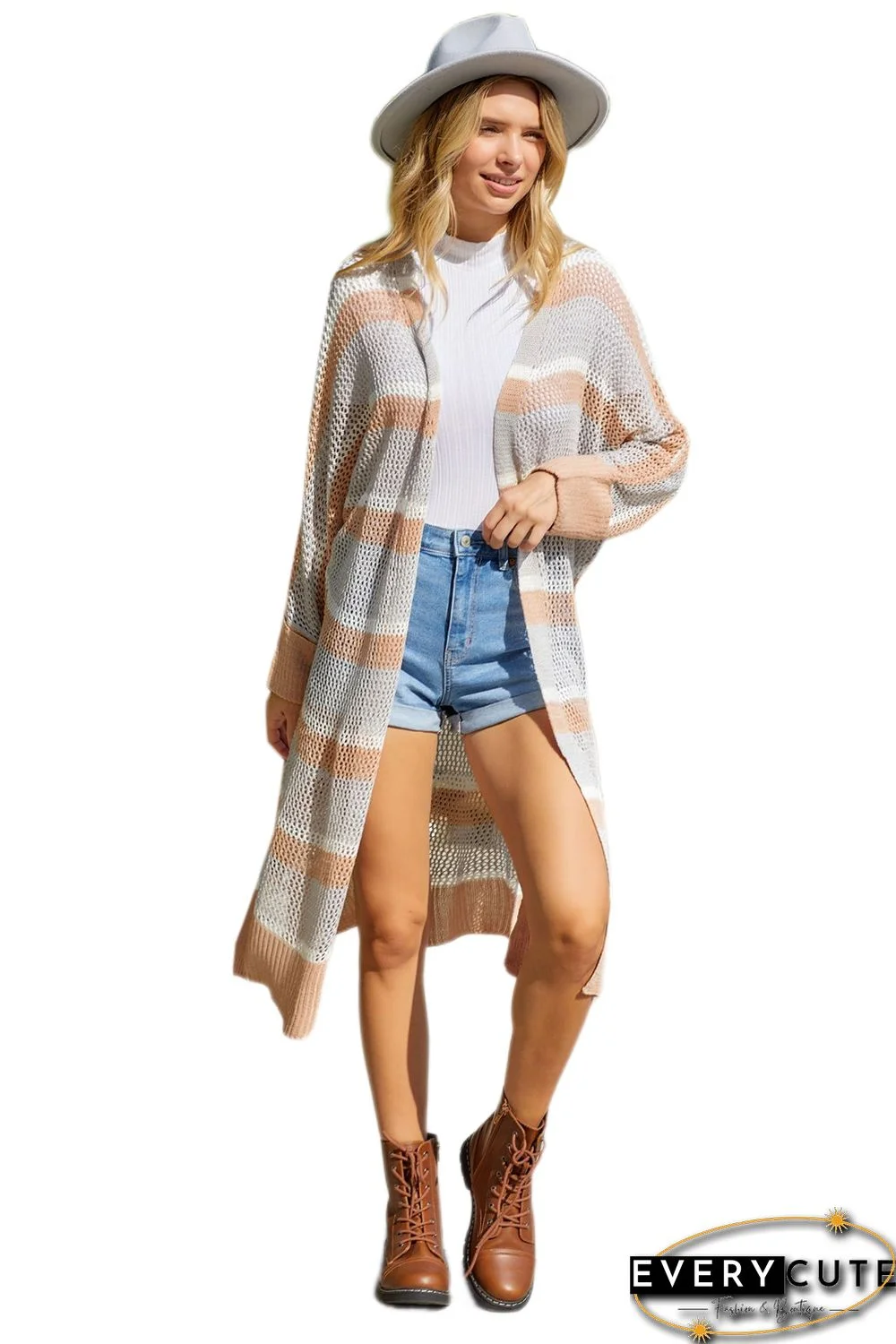 Open Front Striped Knitted Cardigan