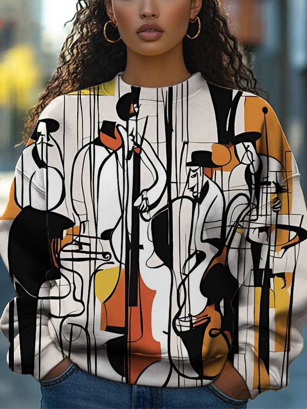 Women's Abstract Black Guitar Portrait Art Print Casual Sweatshirt