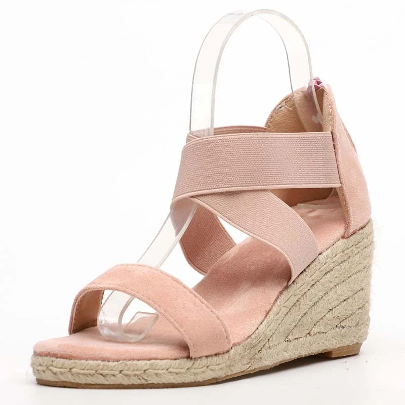 Summer Sandals Women Wedges Elastic Band Peep Toe Woman Shoes Cross Light Platform Hemp Bottom Ladies Female Sandals Shoes