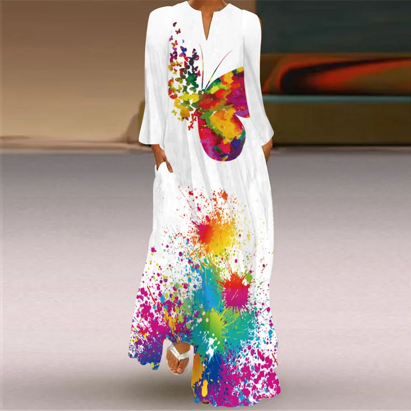 V-Neck Long Sleeve Printed Loose Long Dress