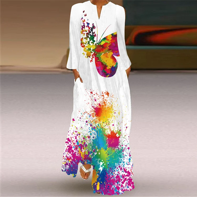 V-Neck Long Sleeve Printed Loose Long Dress