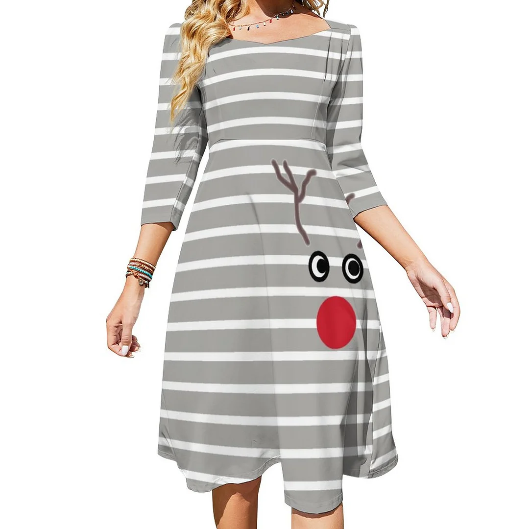 Cute Christmas Red Nose Reindeer Striped Dress Sweetheart Tie Back Flared 3/4 Sleeve Midi Dresses