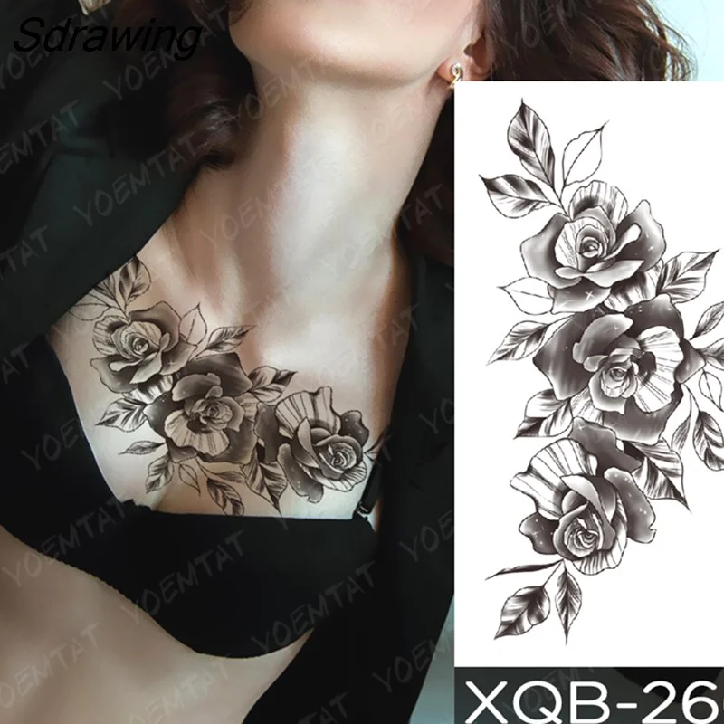 Sdrawing Temporary Tattoo Sticker Rose Snake Flower Tattoos Lace Tiger Dragon Body Art Arm Fake Sleeve Tatoo Women