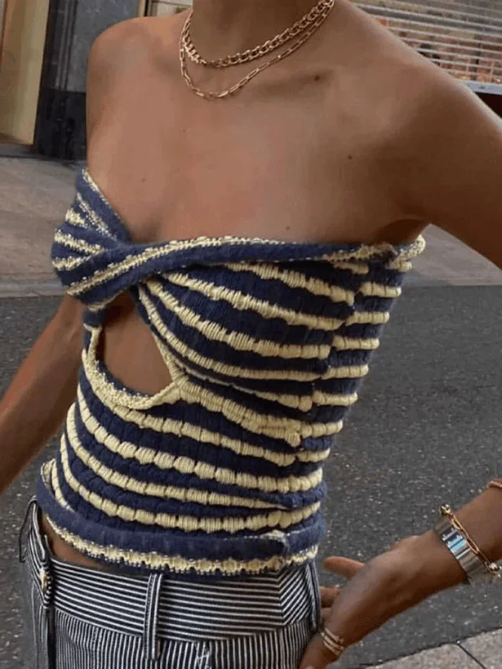 Brownm Twist Cutout Striped Knit Crop Bandeau Top