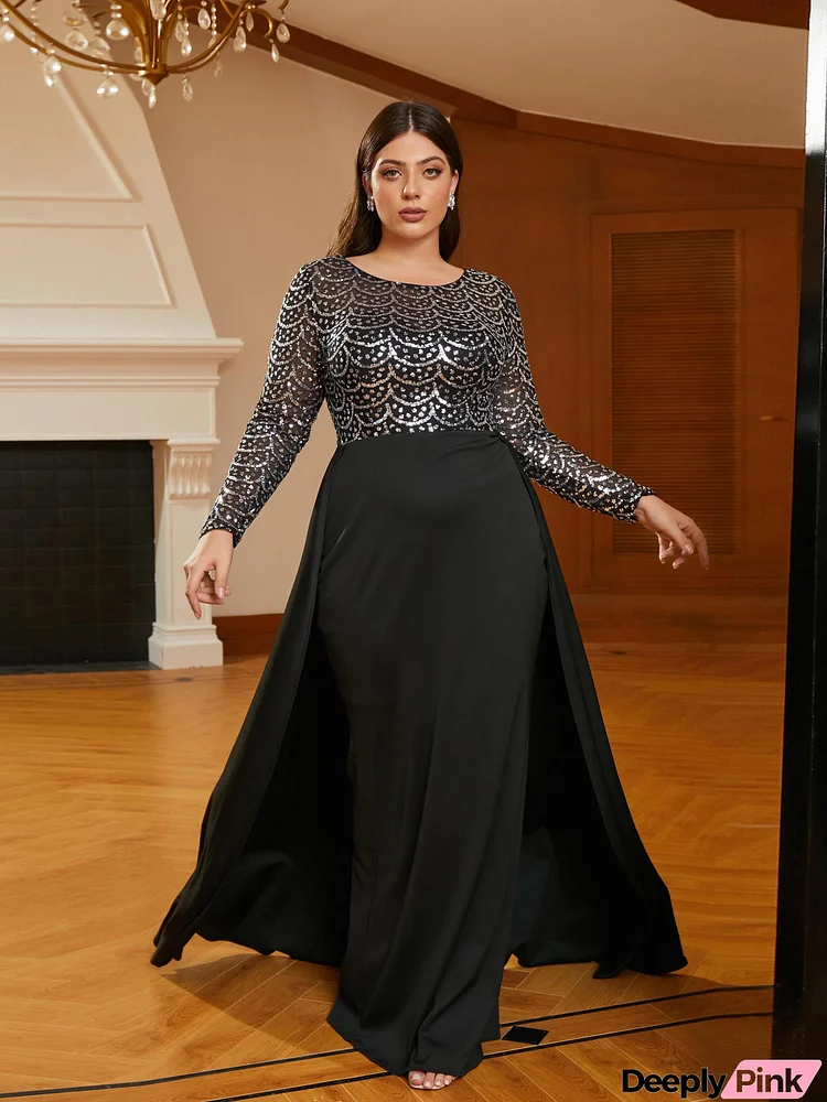 Plus Size Crew Collar Panel Sequin Black Evening Dress PRM20618