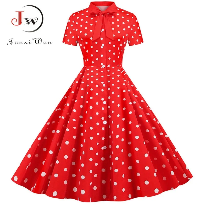 Black Polka Dot Print Women Summer Dress Short Sleeve Striped Bow Elegant Vintage Pin Up 50s Party Dress Vestidos