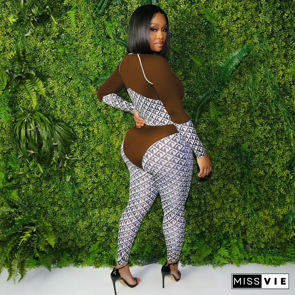 Patchwork Print O Neck Long Sleeve Bodycon Jumpsuit