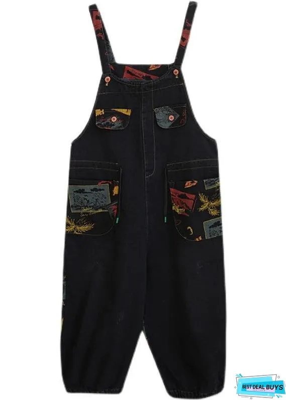 Vivid Denim Black Casual Pants Loose Spring Jumpsuit Pants