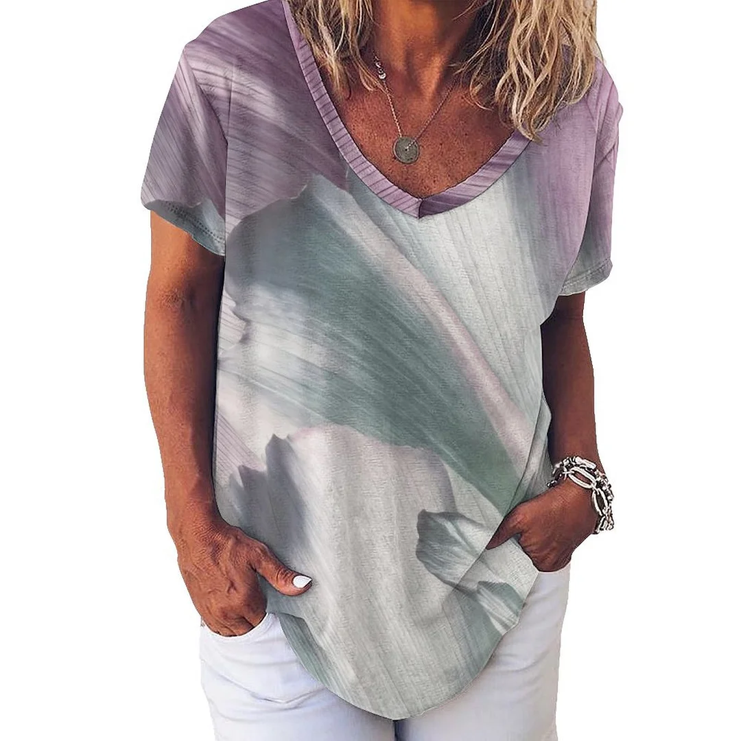 V-neck Short Sleeve Casual T-shirt for  Women Printed with Pattern Texture, Gray, Purple