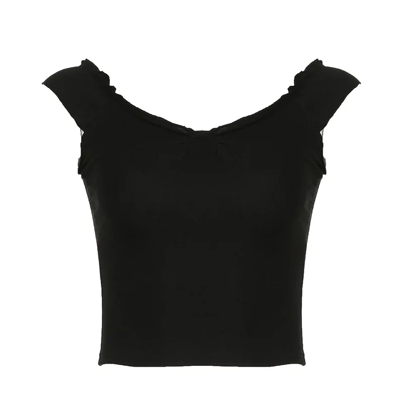 Ueong Flying Sleeve Chest Leaky Back Element Waist Showing Thin Basic Vest Sexy V-Collar Casual T-Shirt Trend