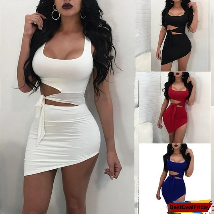 Sexy Women Sleeveless Slip Crop tops Hollow Out Bodycon Irregular Mini Dress
