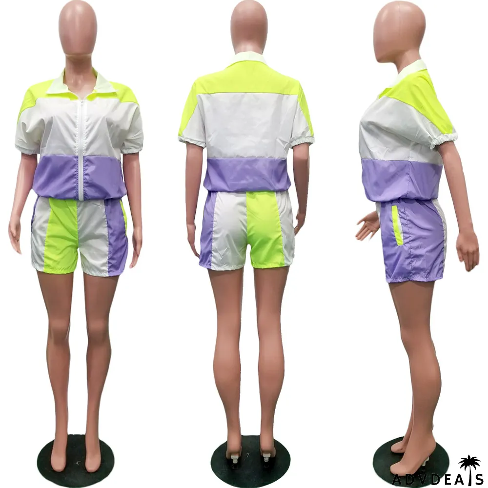 Turndown Collar Casual Sports Contrast Patchwork Half-Sleeve + Shorts Suit Women