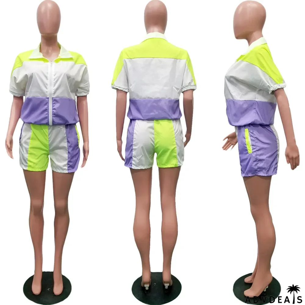 Turndown Collar Casual Sports Contrast Patchwork Half-Sleeve + Shorts Suit Women