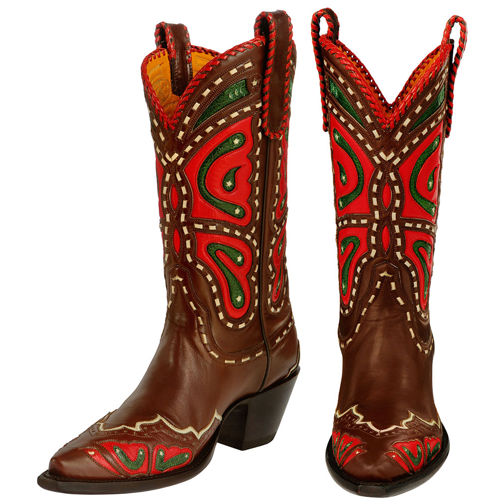 Brown & Red Butterfly Pointed Toe Chunky Heel Mid-Calf Cowgirl Boots Nicepairs