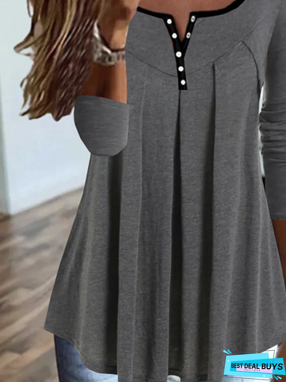 Womens Tops Casual Plain Pleated Contrast Color-block Long-sleeve Jersey Loose Tunic Shirts