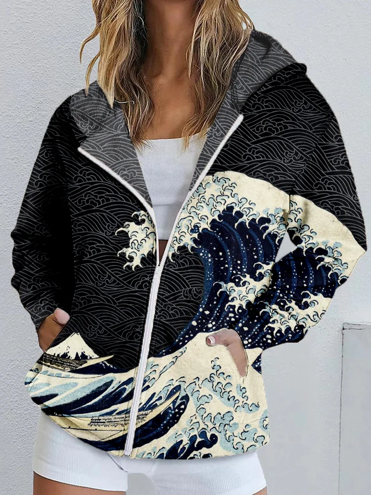 Japanese Wave Inspired Graphic Zip Up Casual Hoodie