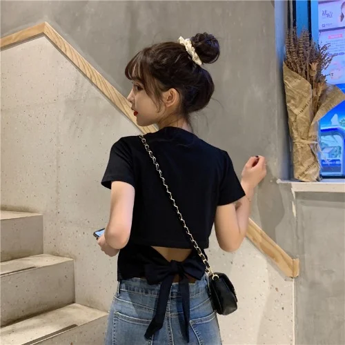 Brownm Brownm T-Shirt Women's Clothes 2024 Summer New Hot Girl Show Back Bow Leakage Back Short Design Sense Top Tide