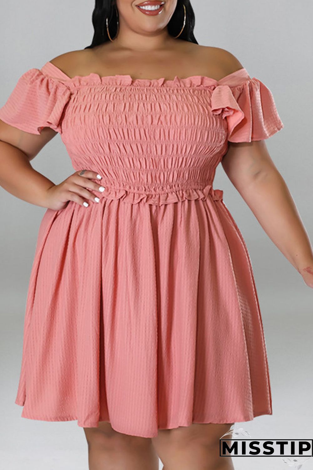 Rose Red Casual Sweet Solid Patchwork Fold Off the Shoulder A Line Plus Size Dresses