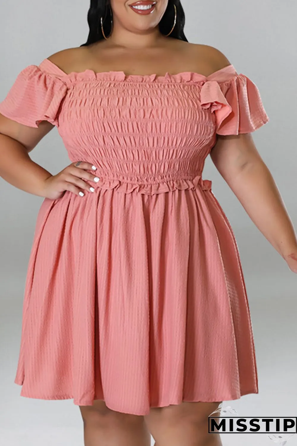 Rose Red Casual Sweet Solid Patchwork Fold Off the Shoulder A Line Plus Size Dresses