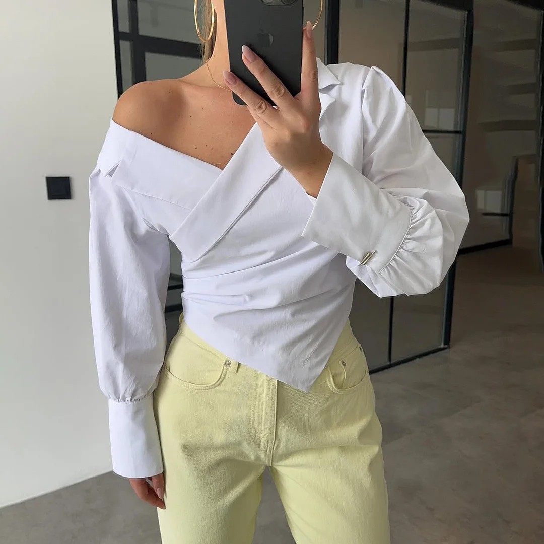Athvotar Athvotar High-End Light Luxury Summer Solid-Colored Shoulder Collar Lantern Cuffs Waist Design Long-Sleeved Shirt