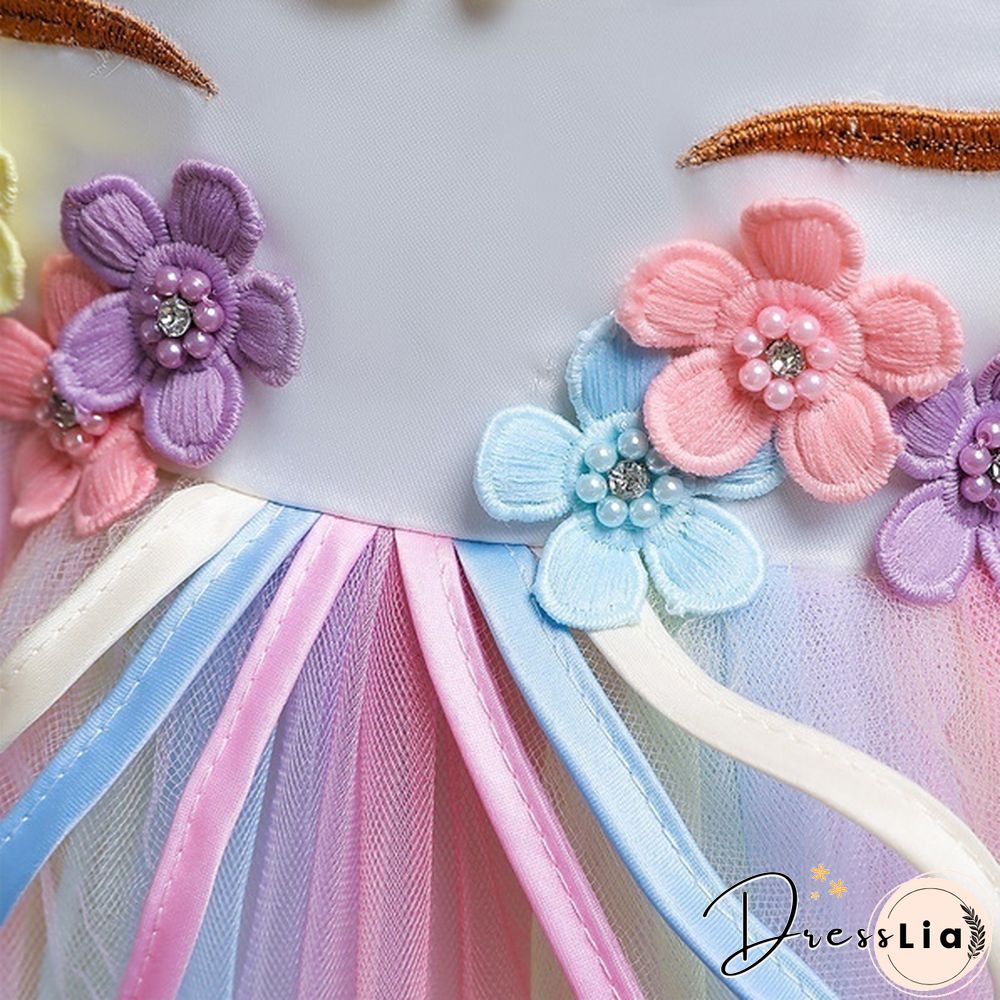 Summer Kids Girl Layered Tulle Unicorn Outfits Dress Headband for Carnival Halloween