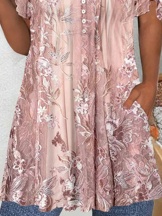 Women's Short Sleeve V-neck Graphic Lace-up Buttons Tops