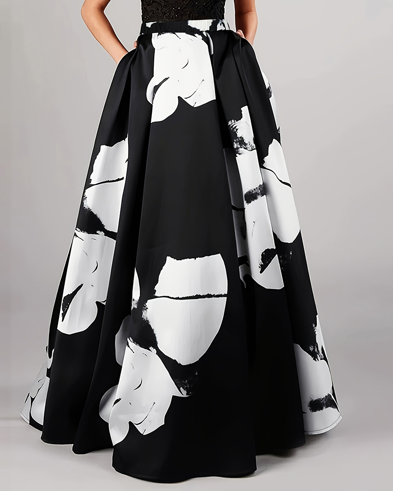 Floral Pattern A-Line High Waist Maxi Skirt