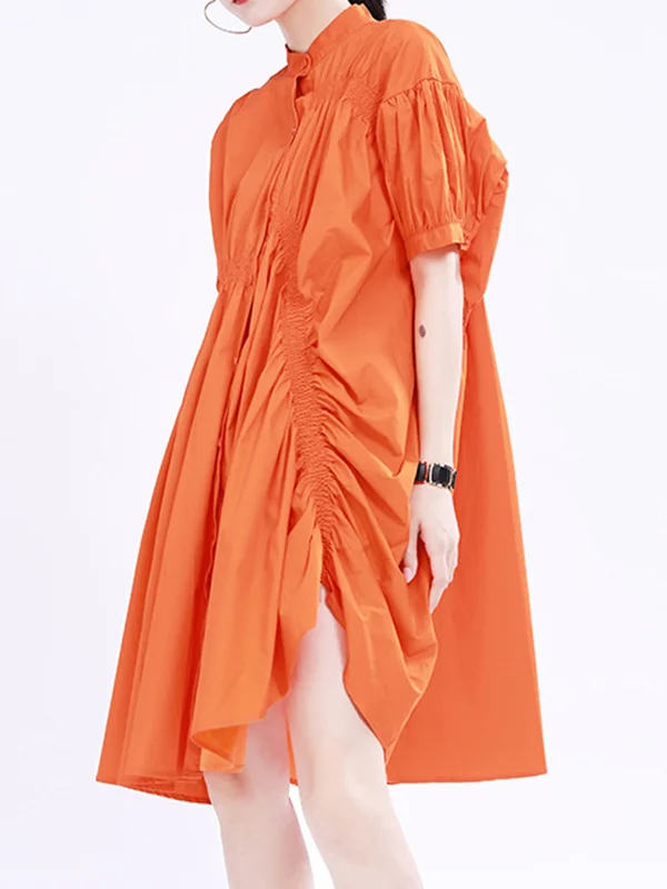 Solid Color Pleated Asymmetric Short Sleeves Loose Stand Collar Shirt Dress Mini Dresses