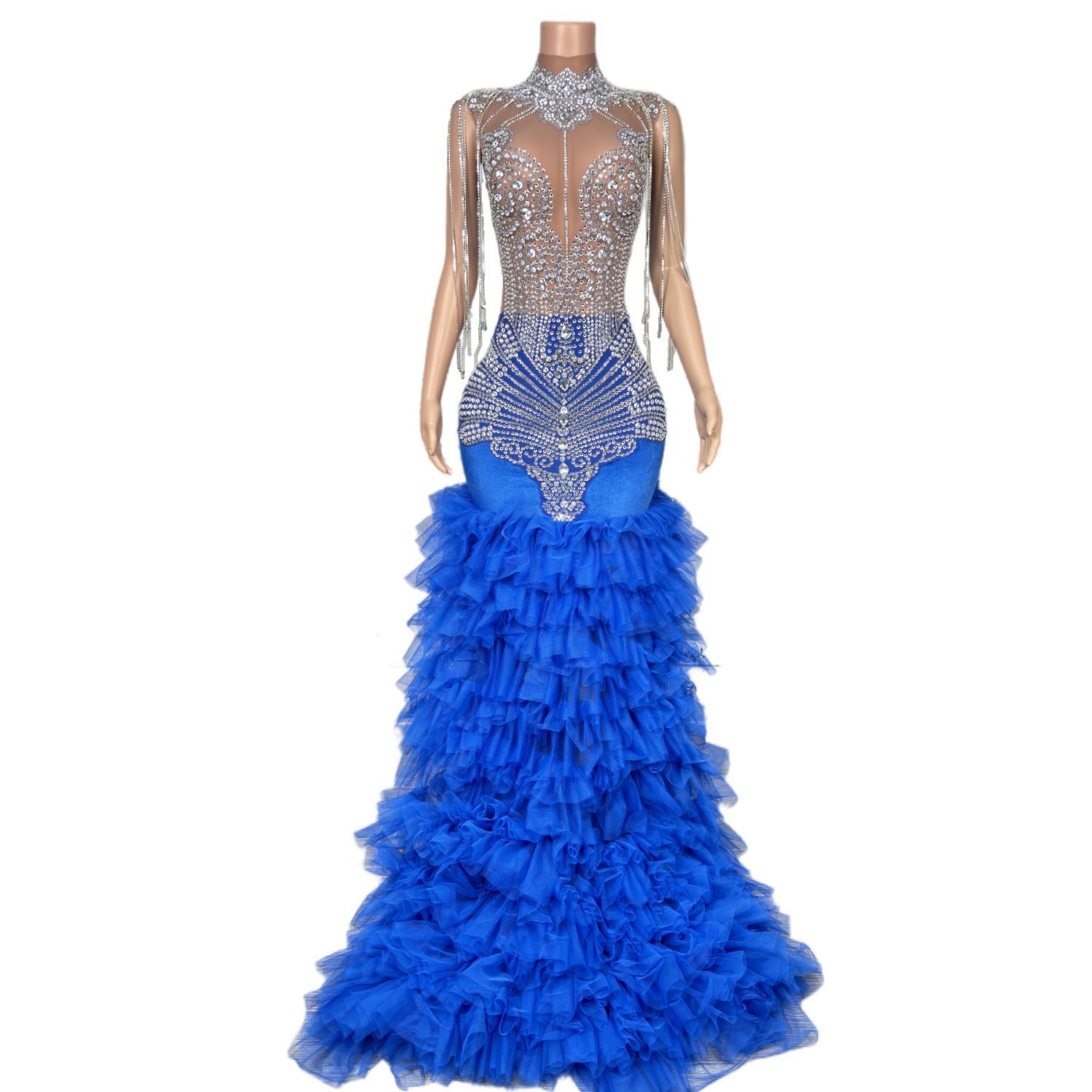GOOSHOE Royal Blue Diamonds Mermaid Prom Dress Glitter Sequins Bead Crystal Rhinestones Vestidos Fiesta Dress Lanlianhu