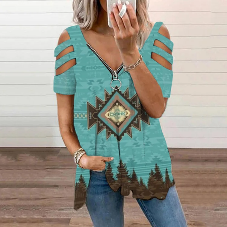 Western Print Off Shoulder Casual T-Shirt