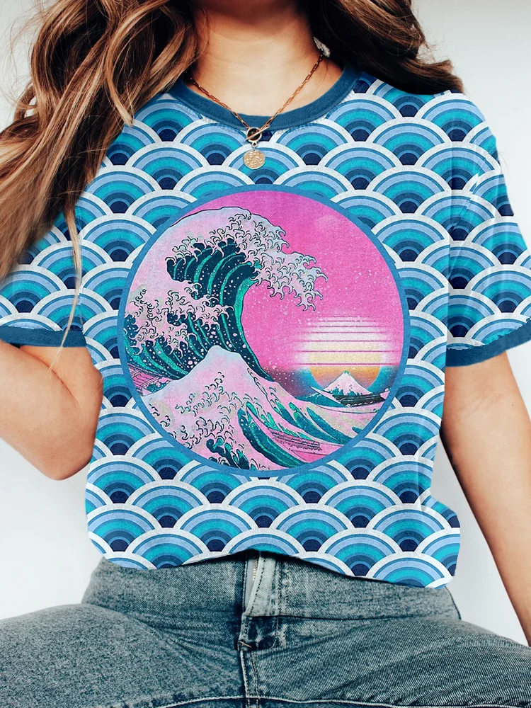 Great Wave Ocean Sunset Art Vintage T Shirt