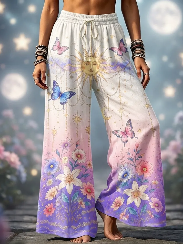 Comstylish Women's High-waisted Wide-leg Lounge Pants With Drawstring, Celestial Sun, Moon, And Watercolor Floral Print