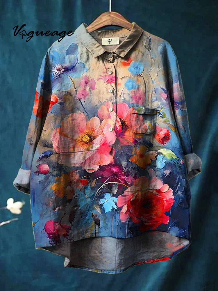 Dreamy Charming And Noble Flowers Printed Cotton And Linen Shirt