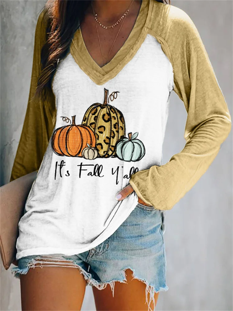 Vefave It's Fall Y'all Pumpkins Contrast Color T Shirt