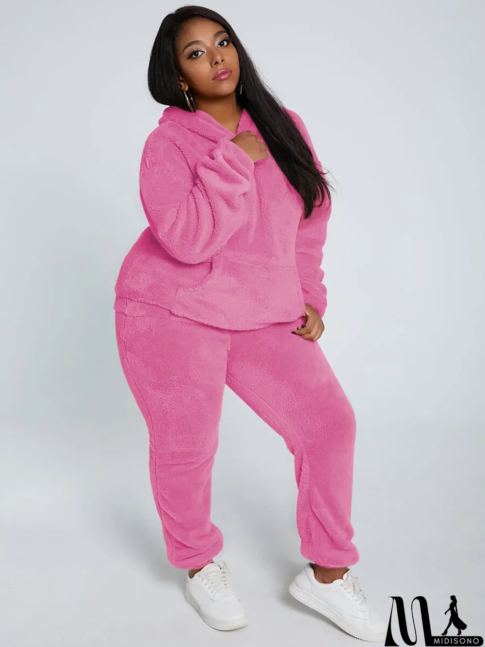 MidiSono - Solid Plush Hooded Long Sleeve 2 Piece Pants Set