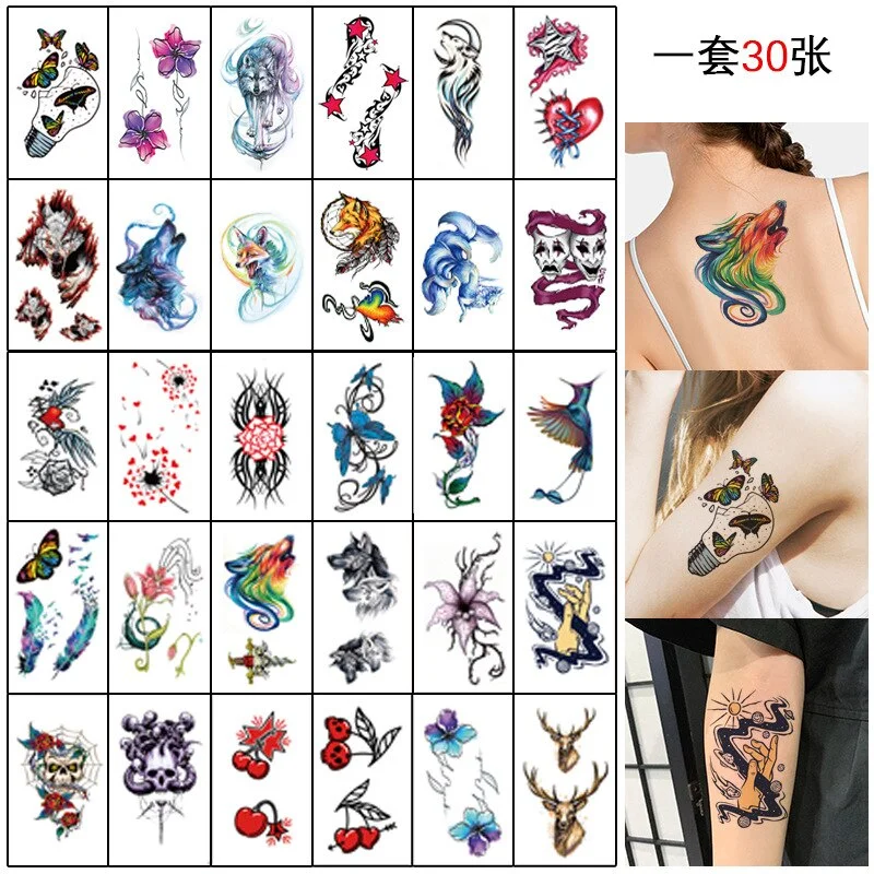 30PCS Colorful Wolf Butterfly Waterproof Temporary Tattoos for Men Women Arm Body Wrist Fake Tatto Stickers Animal Waist Tatoos