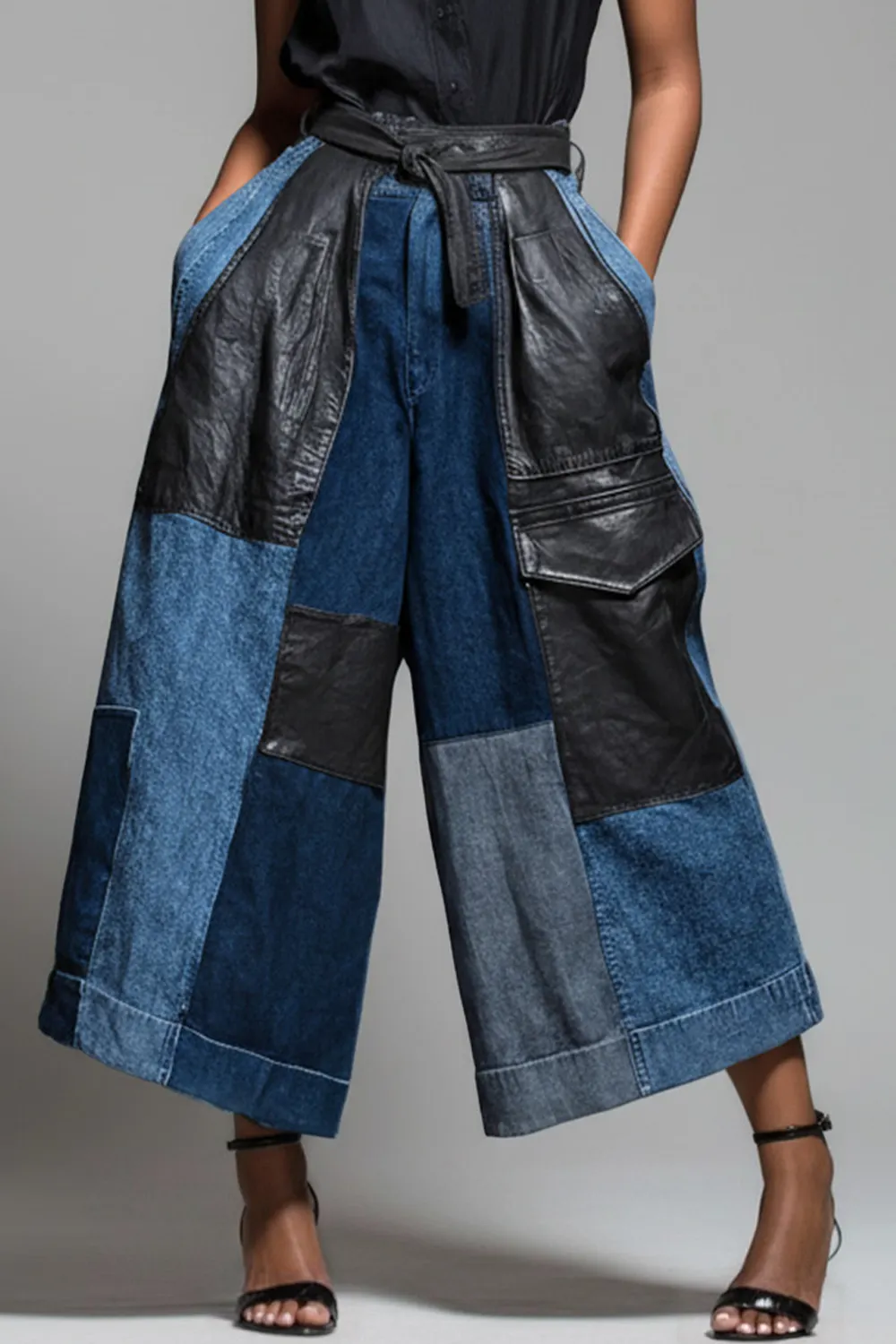 Xpluswear Design Plus Size Daily PU Leather Blue Contrast Pocket Denim Pants