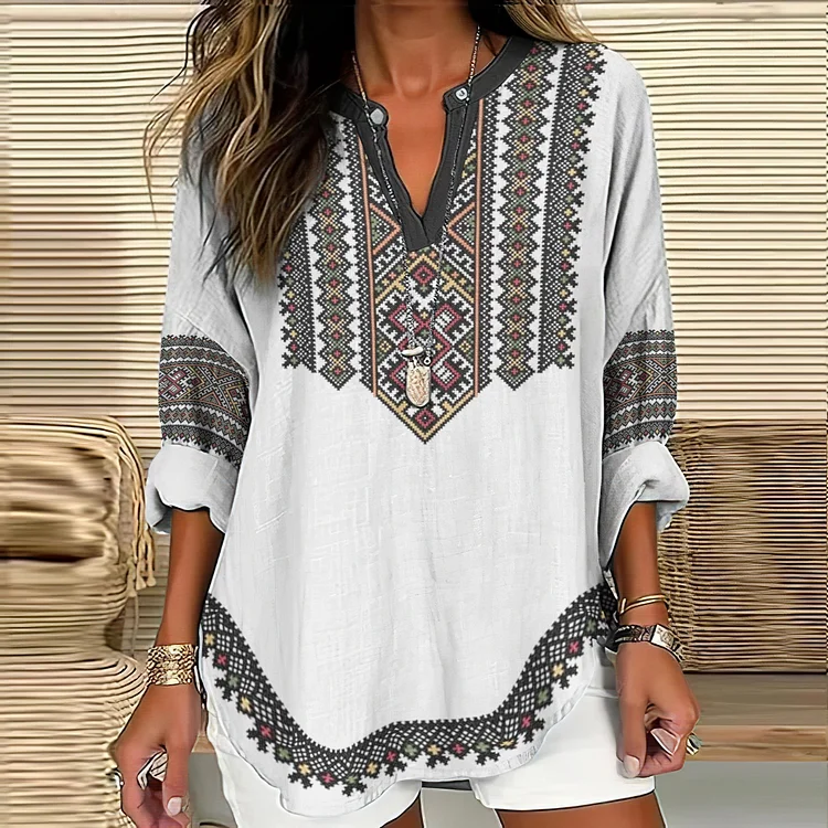 Women's Vintage Ukraine Embroidered V-neck Linen Blend Blouse